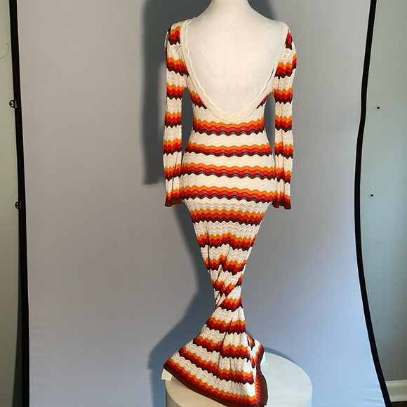 Bodycon Striking Striped Long Sleeve Crocheted Maxi Dress with Deep Scoop Back - Picture 4 of 16